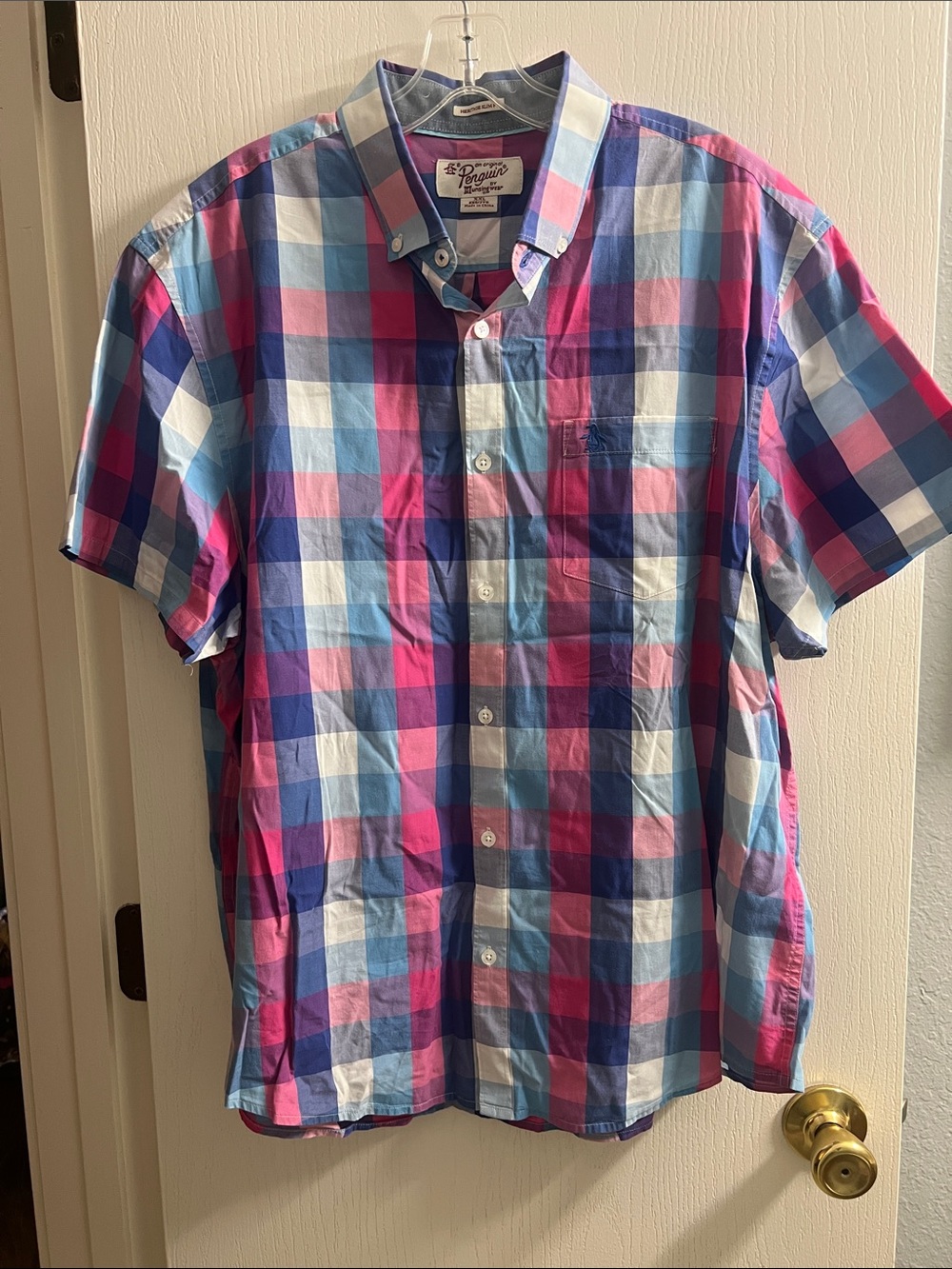 Original Penguin Men’s Short-Sleeve Plaid Button-Down Shirt — Blue, Pink & White